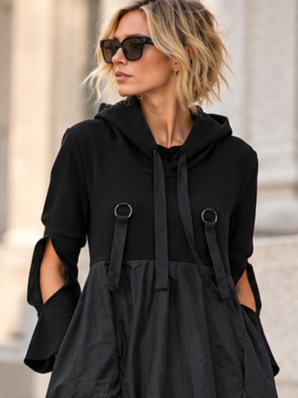 Madonna & Co. | Black Hooded Sculptural High Low Hem Dress | Size Medium